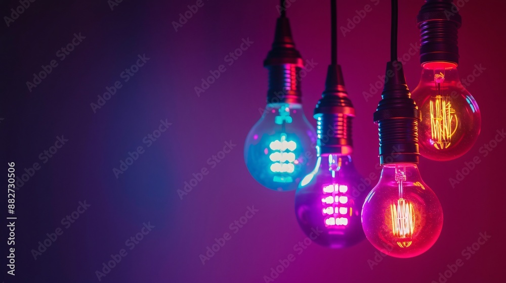 Smart lighting system with colorful LED bulbs, against a dark purple background Smart lighting system with colorful LED bulbs, against a dark purple background