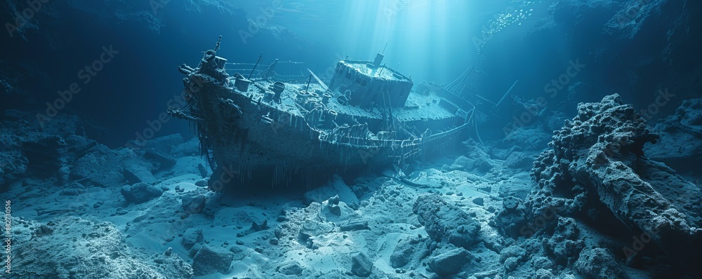 Fototapeta premium Sunken Treasures: Underwater Shipwreck Discovery, 4K hyperrealistic photo