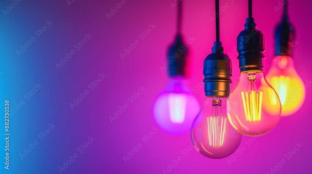 Smart lighting system with colorful LED bulbs, against a dark purple background Smart lighting system with colorful LED bulbs, against a dark purple background