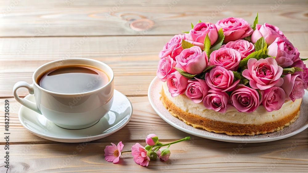 Delicious cake with pink flowers and coffee on table, cake, dessert, flowers, pink, beautiful, coffee Delicious cake with pink flowers and coffee on table, cake, dessert, flowers, pink, beautiful, coffee