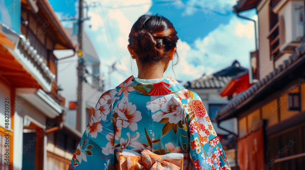Wallpaper background of a woman in a kimono with a back view Wallpaper background of a woman in a kimono with a back view