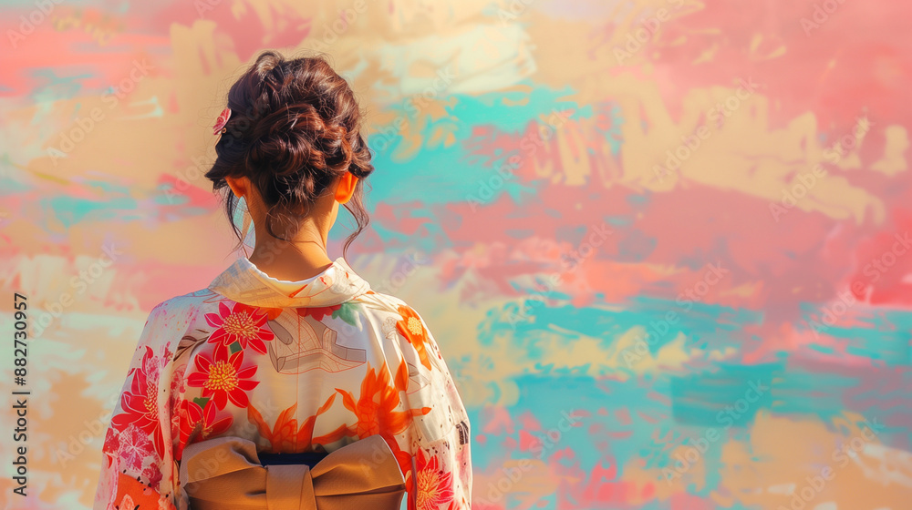 Fototapeta premium Wallpaper background of a woman in a summery yukata and a back view