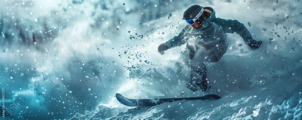 Fototapeta premium A snowboarder executing a complex trick in mid-air, the snow spraying around them like a snowstorm.