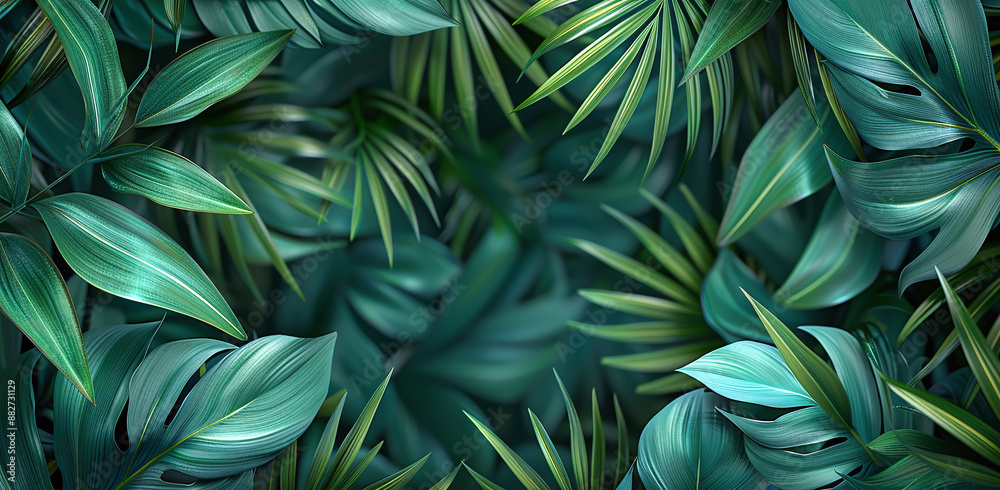 A vibrant close-up of lush green palm leaves, highlighting their intricate details and natural beauty. The realistic photography captures the essence of tropical foliage, creating a serene visual. A vibrant close-up of lush green palm leaves, highlighting their intricate details and natural beauty. The realistic photography captures the essence of tropical foliage, creating a serene visual.