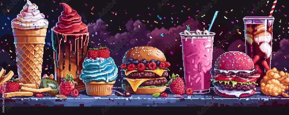 Naklejka premium A pixel art rendition of a classic arcade game food, such as a pixelated hamburger or a pixelated ice cream cone, their pixelated ingredients bursting with flavor.