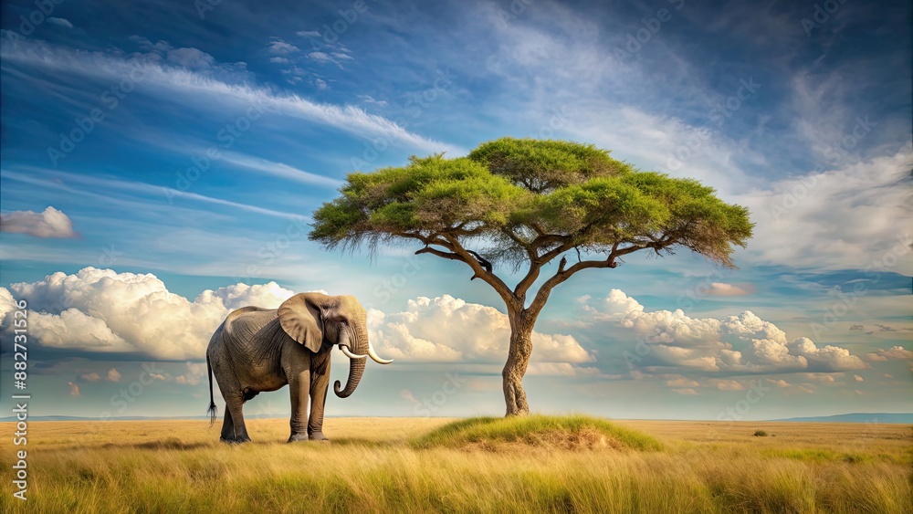 Fototapeta premium Lonely elephant sitting on top of a tall tree , solitude, melancholy, wildlife, nature, isolated, tree trunk, wilderness