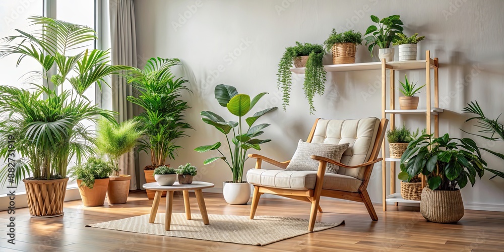 Fototapeta premium Cozy living room featuring a wooden chair and green plants , cozy, living room, wooden chair, plants