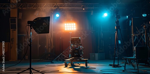 Silhouette of broadcasting equipment illuminated by soft light