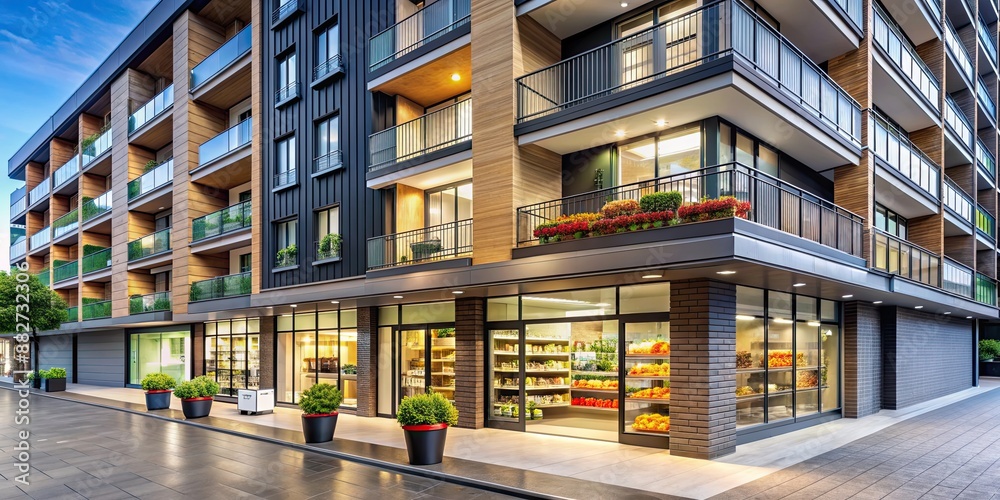 Modern apartment building with closed grocery store on ground floor , urban, residential, architecture, cityscape, facade Modern apartment building with closed grocery store on ground floor , urban, residential, architecture, cityscape, facade