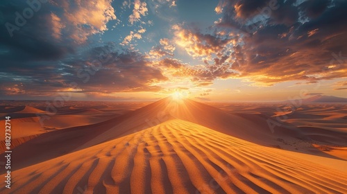 Desert landscape with towering sand dunes and a dramatic sunset, highlighting natural beauty