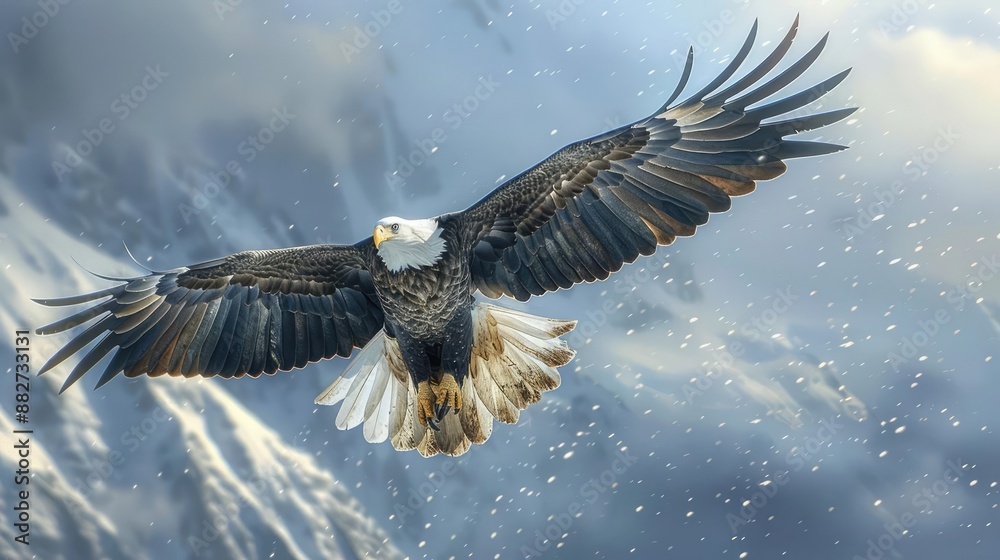 Obraz premium Majestic eagle soaring over a mountain range, symbolizing freedom and wildlife
