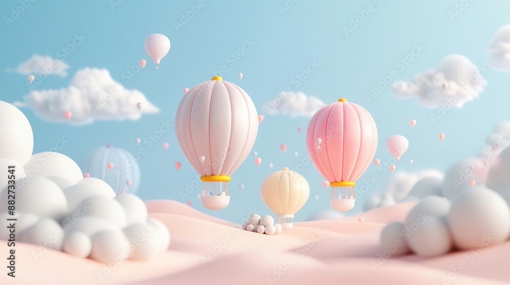 Pastel hot air balloons float in a dreamy sky with puffy clouds.