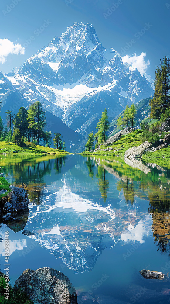 Fototapeta premium A majestic, towering mountain covered in snow reflects perfectly in the calm, crystal-clear lake below, with lush green hills and scattered trees adding to the serene scenery
