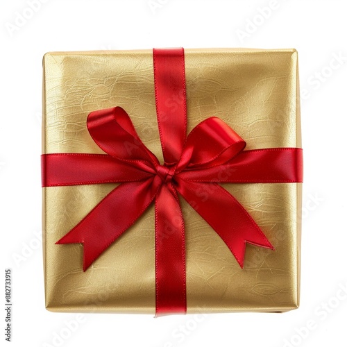 Elegant Red Ribbon and Bow with Golden Gift Box Isolated on White Background. Perfect for Anniversary, Holiday, and Birthday Gift Marketing Ads. High-Definition AI-Generated Design for Promotional Use
