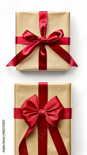 Elegant Red Ribbon and Bow with Golden Gift Box Isolated on White Background. Perfect for Anniversary, Holiday, and Birthday Gift Marketing Ads. High-Definition AI-Generated Design for Promotional Use
