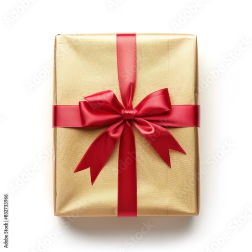 Elegant Red Ribbon and Bow with Golden Gift Box Isolated on White Background. Perfect for Anniversary, Holiday, and Birthday Gift Marketing Ads. High-Definition AI-Generated Design for Promotional Use