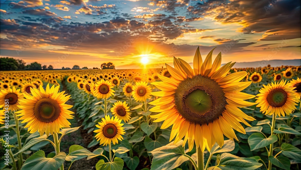 Fototapeta premium Field of sunflowers with setting sun in background, Sunflowers, field, sunset, sun, nature, yellow, bloom, flowers, agriculture