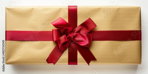 Elegant Red Ribbon and Bow with Golden Gift Box Isolated on White Background. Perfect for Anniversary, Holiday, and Birthday Gift Marketing Ads. High-Definition AI-Generated Design for Promotional Use