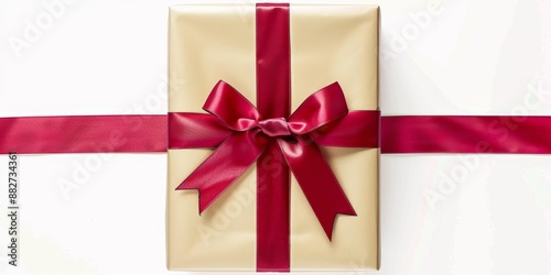 Elegant Red Ribbon and Bow with Golden Gift Box Isolated on White Background. Perfect for Anniversary, Holiday, and Birthday Gift Marketing Ads. High-Definition AI-Generated Design for Promotional Use