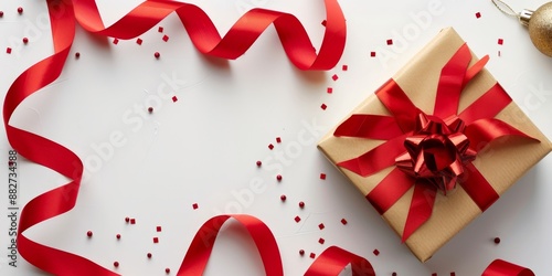 Elegant Red Ribbon and Bow with Golden Gift Box Isolated on White Background. Perfect for Anniversary, Holiday, and Birthday Gift Marketing Ads. High-Definition AI-Generated Design for Promotional Use