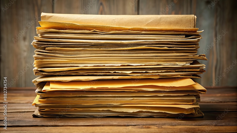 Old weathered folder filled with a stack of yellowed papers , vintage, aged, documents, organization, paperwork, archive Old weathered folder filled with a stack of yellowed papers , vintage, aged, documents, organization, paperwork, archive