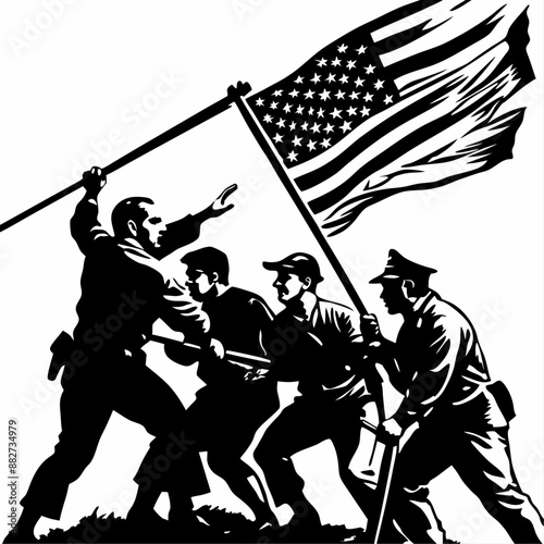 several civilian men holding a pole with a floating American flag and smashing it into the ground of the earth