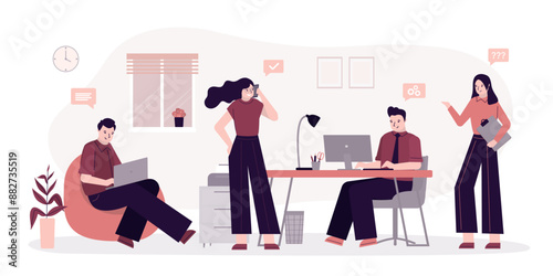 Colleagues communicate at workplace. Office staff working day. Workflow management. Teamwork, businesspeople spend time together.