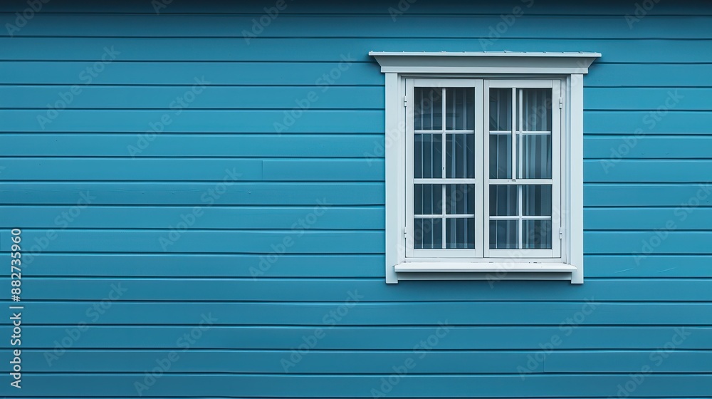A blue house with a white window and a white window A blue house with a white window and a white window
