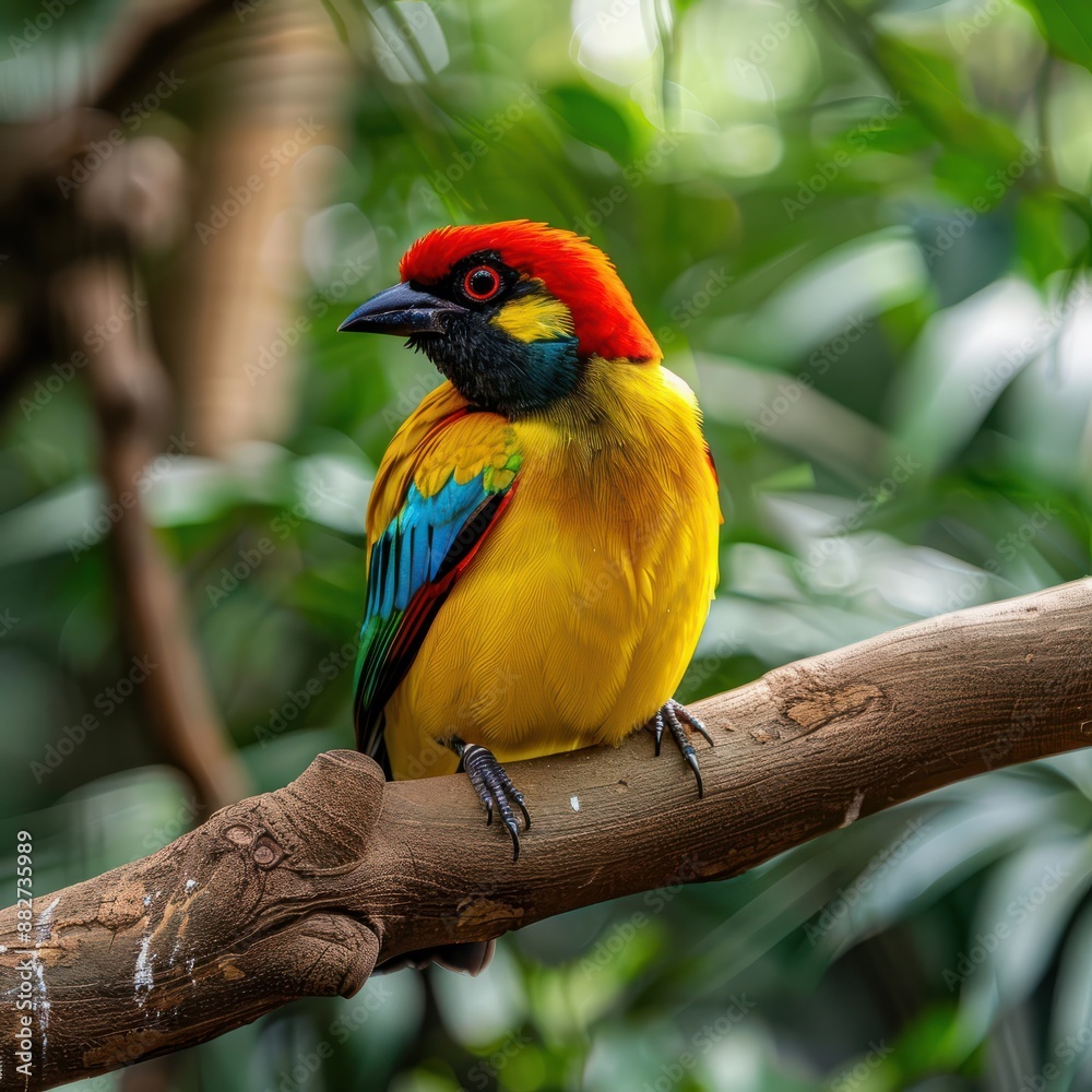 Obraz premium A colorful bird sits on a branch in the forest.Vivid Birdlife: 8K Ultra-HD Photography Job ID: 0a9cd355-fa34-42cc-a918-3c62c0293ba1