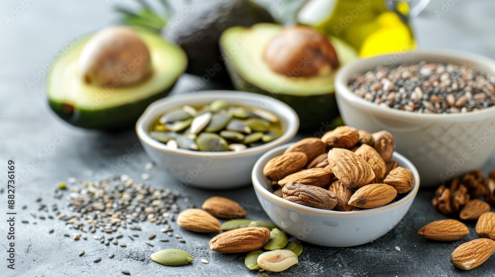 Healthy fats display with avocado, nuts, seeds, and olive oil for custom text or design Healthy fats display with avocado, nuts, seeds, and olive oil for custom text or design