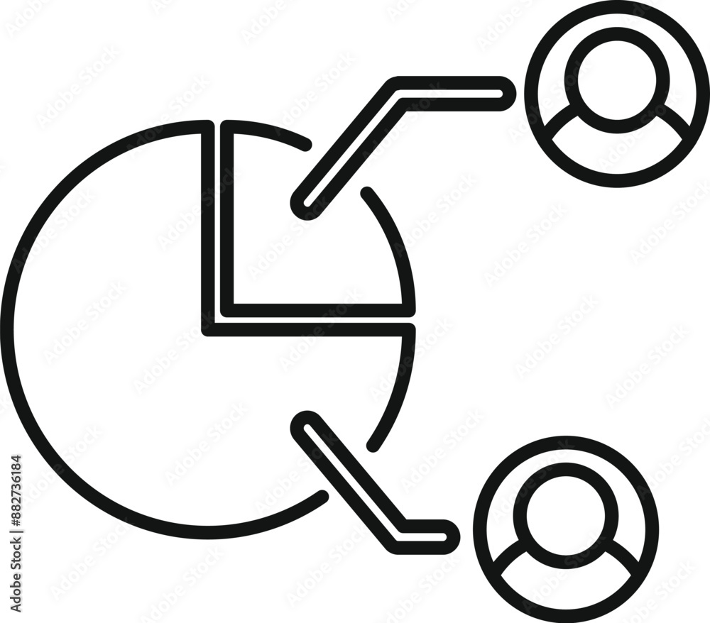 Icon of a pie chart being analyzed by business people, representing teamwork and data analysis Icon of a pie chart being analyzed by business people, representing teamwork and data analysis