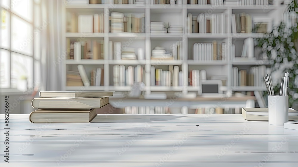 white table with books, stationery and copy space in blurred study room white table with books, stationery and copy space in blurred study room