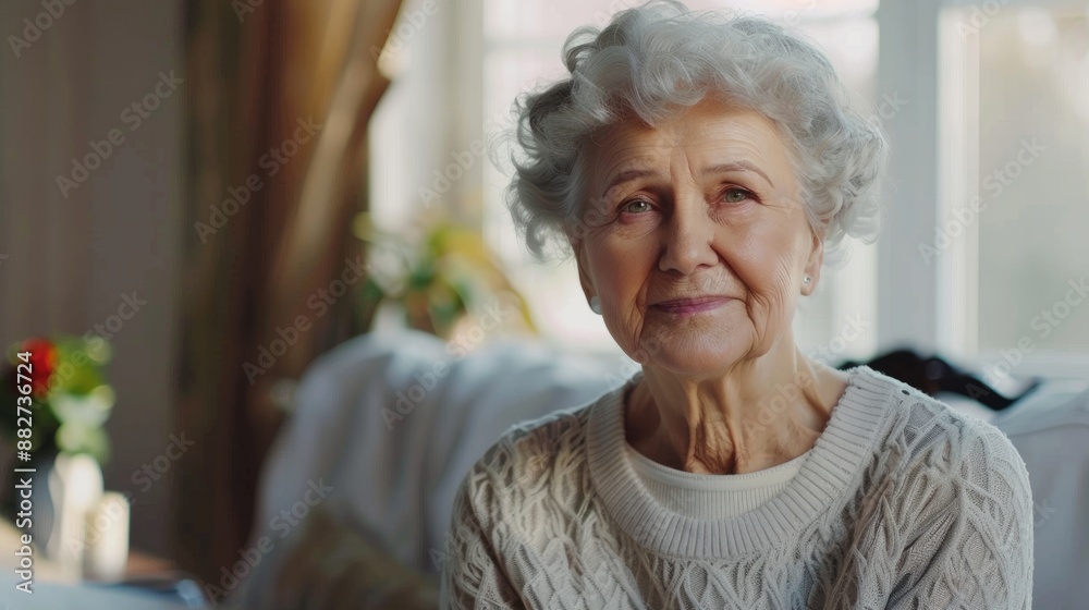 Elderly women's home style: indoor profile pictures, showing warm greetings on the video call screen, posing at home, promoting retirement and elderly health care. Elderly grandmother women video call