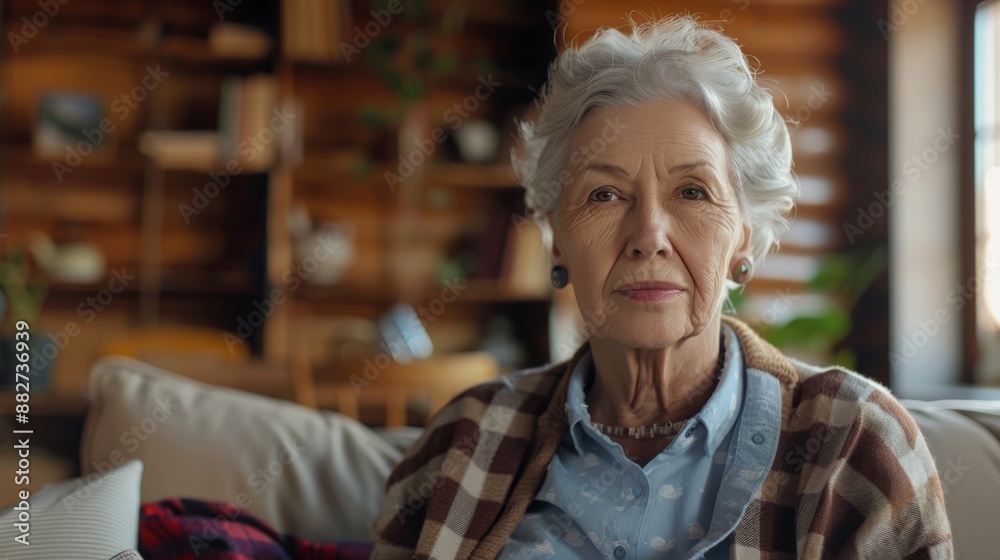 Elderly women's home style: indoor profile pictures, showing warm greetings on the video call screen, posing at home, promoting retirement and elderly health care. Elderly grandmother women video call Elderly women's home style: indoor profile pictures, showing warm greetings on the video call screen, posing at home, promoting retirement and elderly health care. Elderly grandmother women video call