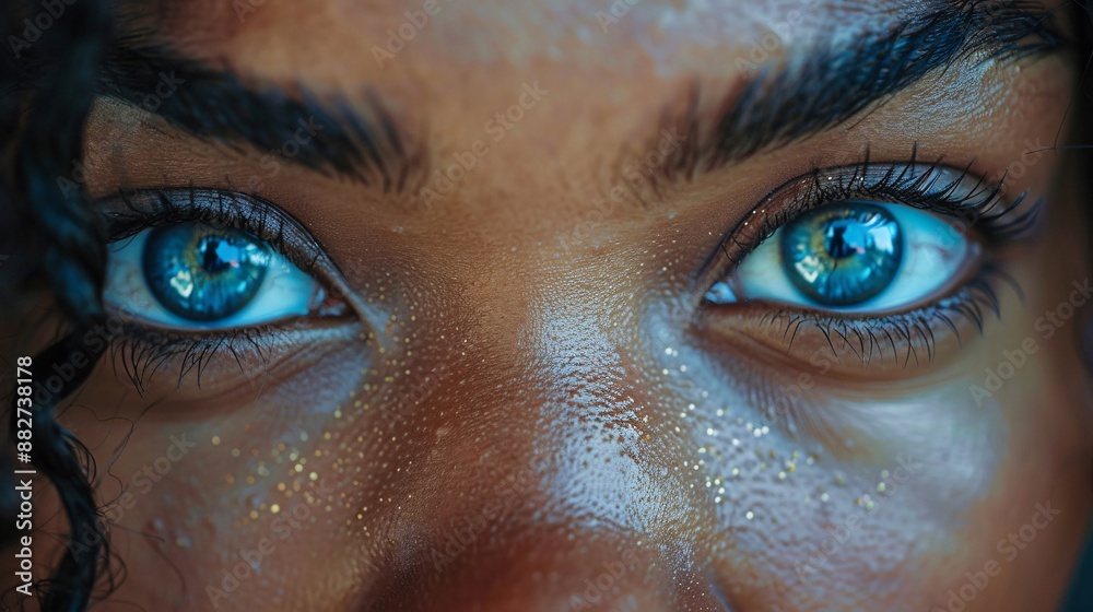 Close-up of blue eyes reflecting light