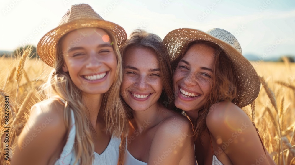 Happy beautiful women smiling for the camera in a wheat field - delightful women outdoors enjoying a sunny summer day - health, mental health, physical care and the concept of happiness Happy beautiful women smiling for the camera in a wheat field - delightful women outdoors enjoying a sunny summer day - health, mental health, physical care and the concept of happiness