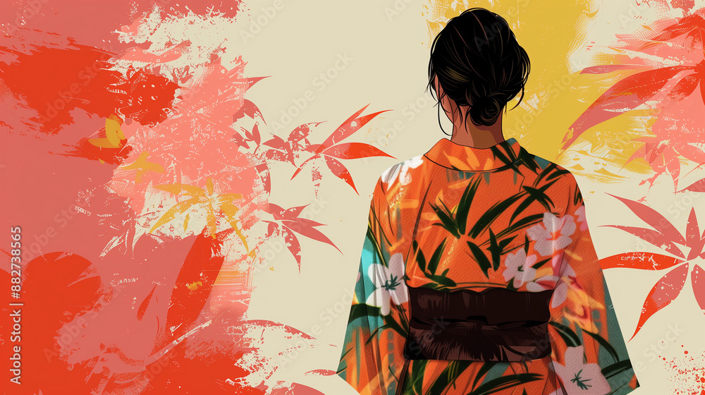 Wallpaper background of a woman in a summery yukata and a back view Wallpaper background of a woman in a summery yukata and a back view