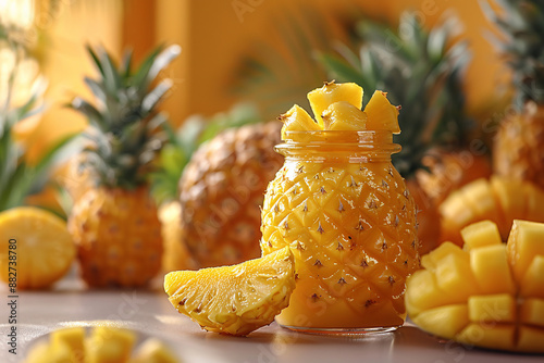 A glass jar shaped like a pineapple filled with fresh pineapple pieces, surrounded by whole pineapples and pineapple slices in a warm setting photo