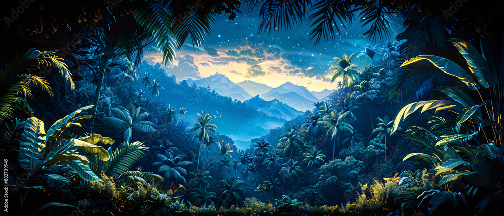 Lush, vibrant jungle landscape under a starry night sky, with deep blue ...