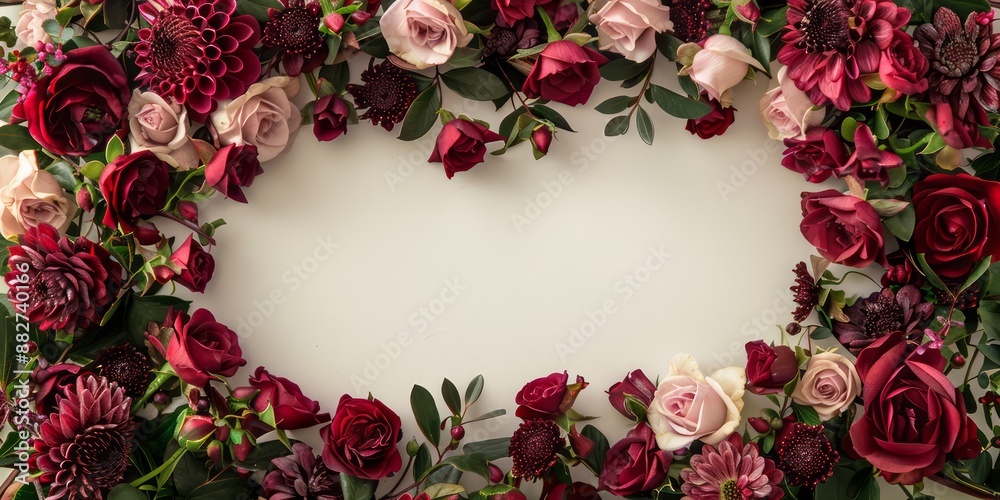 Crimson Floral Frame: A delicate and romantic floral frame, featuring lush burgundy and blush roses, peonies, and greenery, arranged in a symmetrical design against a white background. Crimson Floral Frame: A delicate and romantic floral frame, featuring lush burgundy and blush roses, peonies, and greenery, arranged in a symmetrical design against a white background.