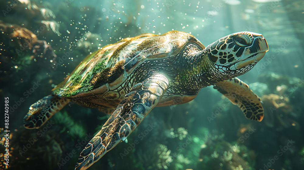 Fototapeta premium A large sea turtle swims gracefully through clear ocean waters, its shell dappled with sunlight, surrounded by vibrant coral reefs