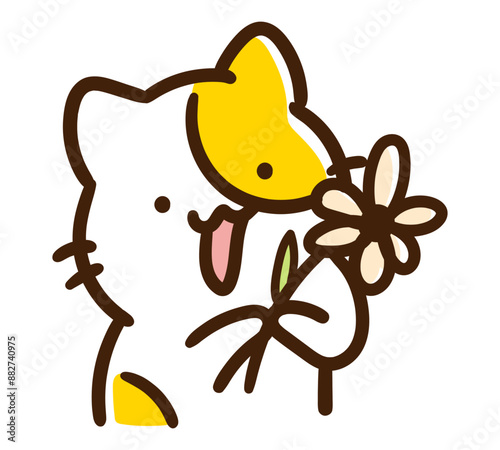 一輪の花を嬉しそうに渡すかわいいねこのキャラクターのデフォルメイラスト