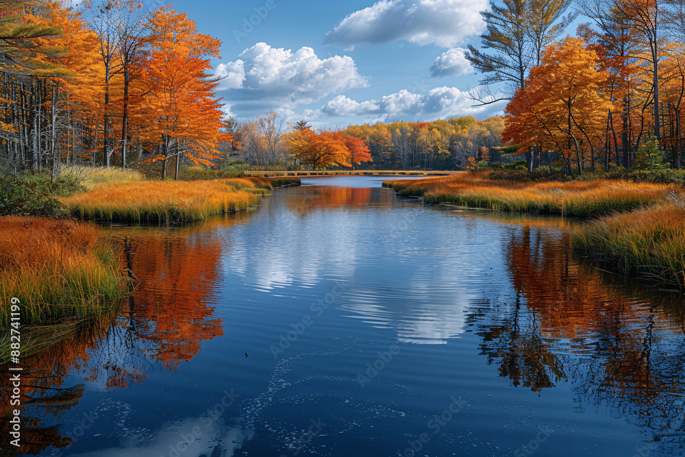 Obraz premium A serene autumn scene with a calm river reflecting vibrant orange and yellow foliage, under a clear blue sky with puffy clouds