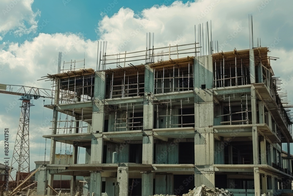 Concrete building under construction with scaffolding and crane against a blue sky, illustrating urban growth. Concrete building under construction with scaffolding and crane against a blue sky, illustrating urban growth.