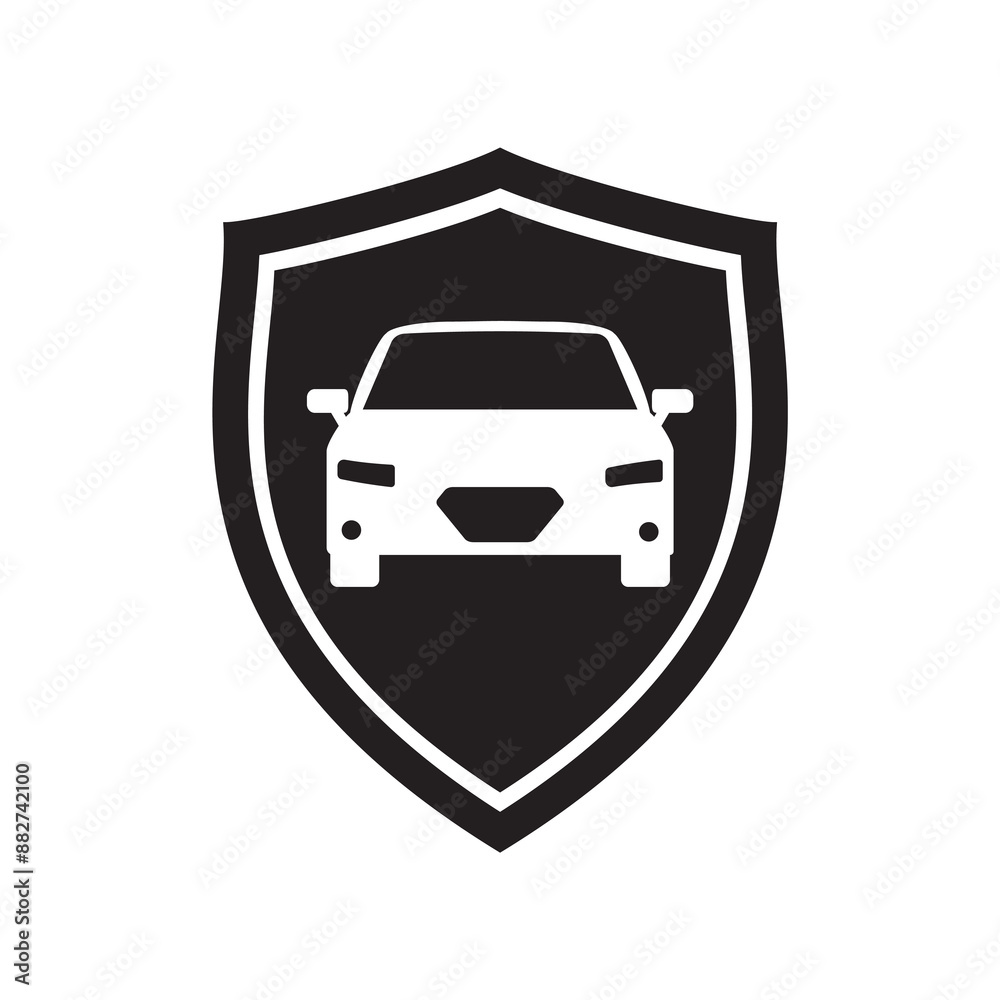 Car on the shield, graphic icon. Car insurance sign, monochrome design isolated on white background. Symbol of protections auto transport. Car on the shield, graphic icon. Car insurance sign, monochrome design isolated on white background. Symbol of protections auto transport.