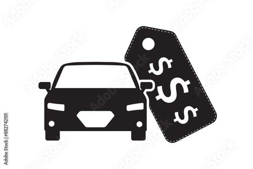 Black modern car icon with price tag. Brand new car with dollar price label. Automotive and transportation logo template. Automobile with blank tag. Car business.
