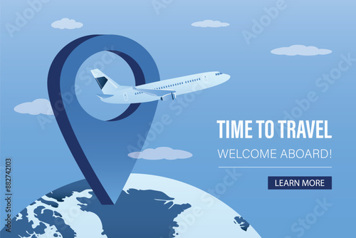 Time to Travel concept with map pin, aircraft and the Earth. Around the world travelling by plane, airplane trip in various country, travel pin location on a global map.