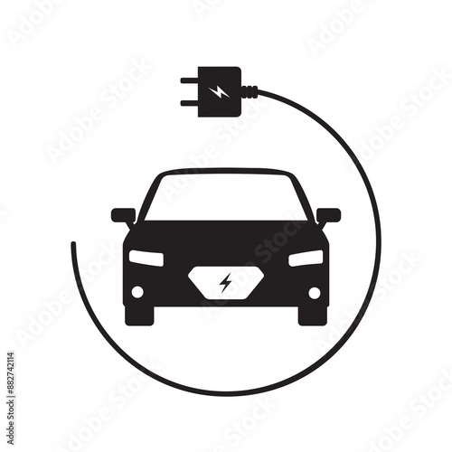 Electric car with plug, black auto icon symbol. Hybrid vehicles charging point logotype, eco friendly vehicle concept. Zero waste, ecological transport.