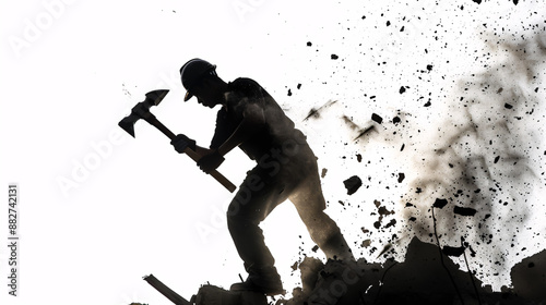 Silhouetted construction worker using a sledgehammer with debris flying in the background. The contrasting light creates a dramatic outline of the worker in action.