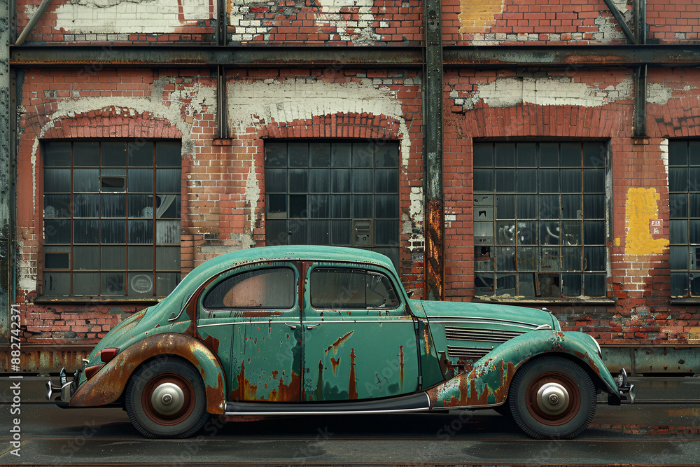 Fototapeta premium View of the same vintage green car against a different section of the industrial brick building, emphasizing the car’s rustic charm and patina